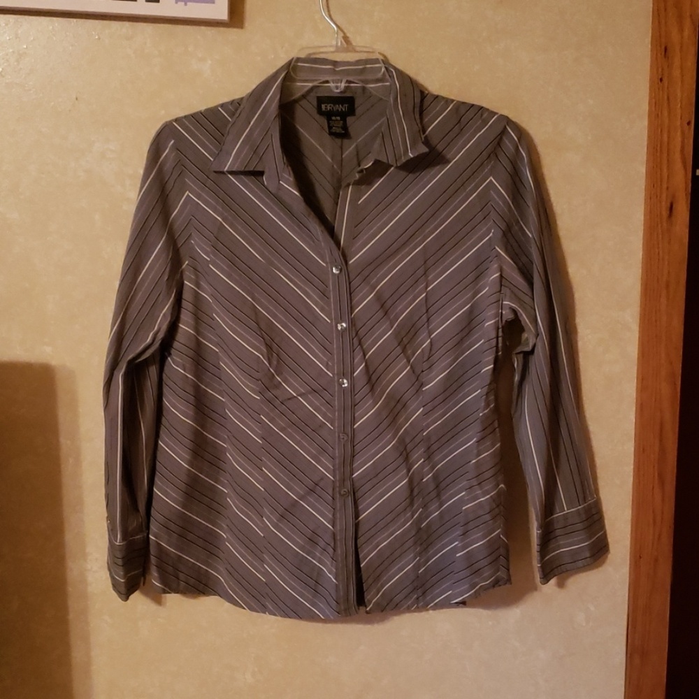 Grey, white and black stripe button up blouse